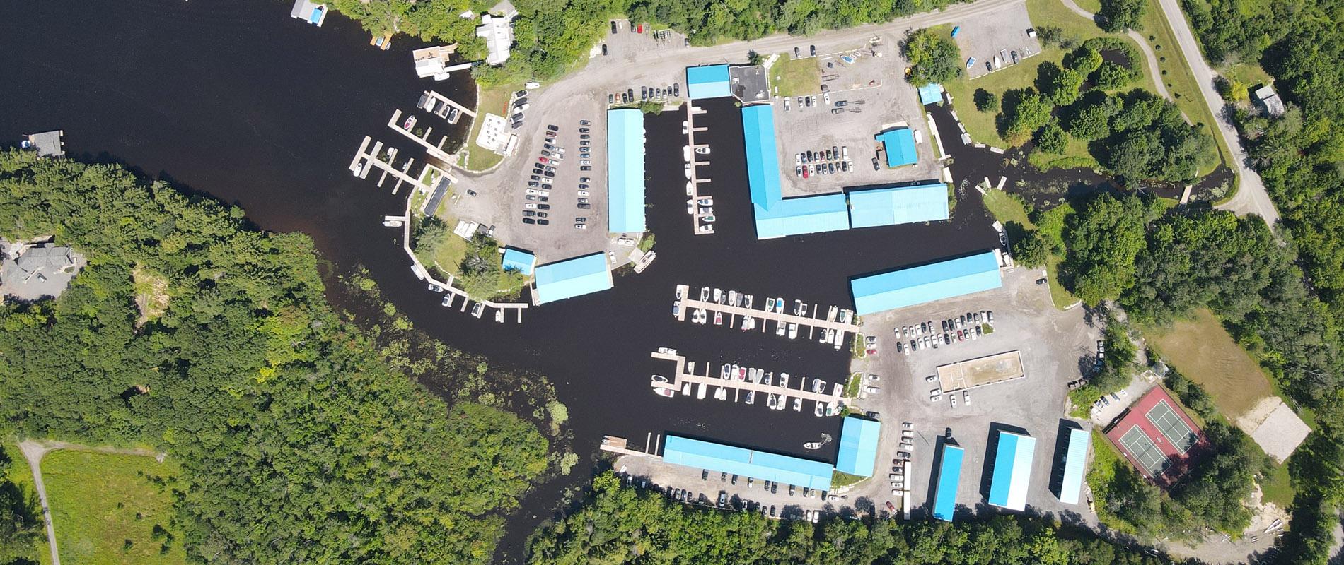 Aerial View of Dock Slips at Gordon Bay on Lake Muskoka